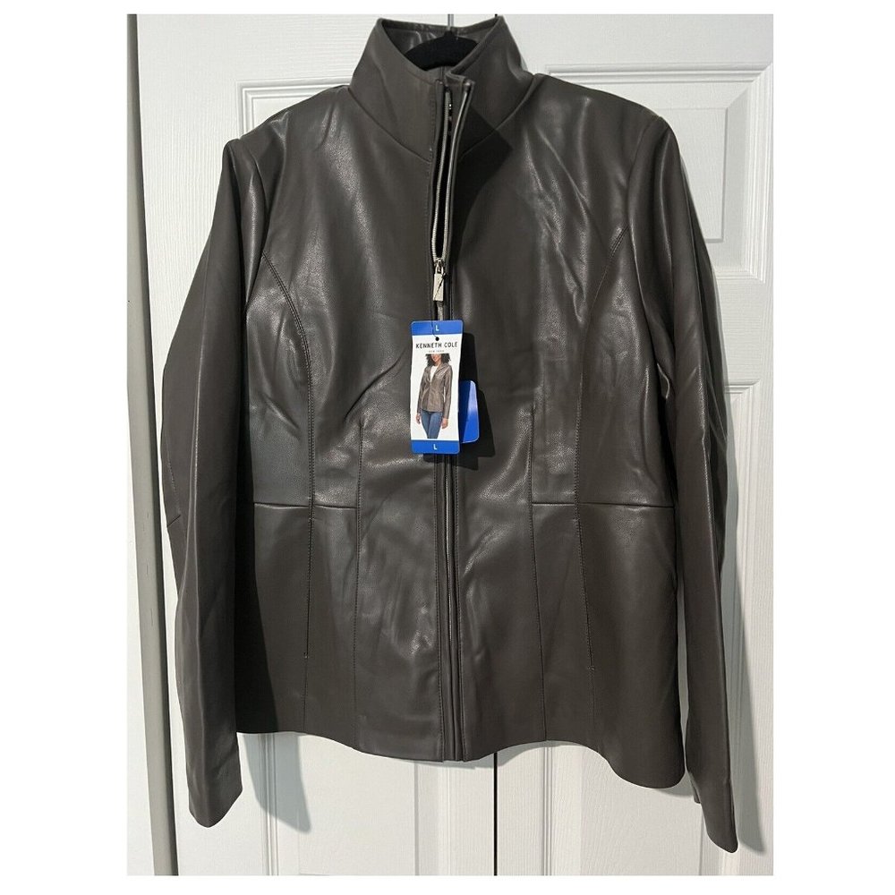 NWT Kenneth Cole Womens Vegan Leather Zip Coat Jacket Grey Size Large $120 II433